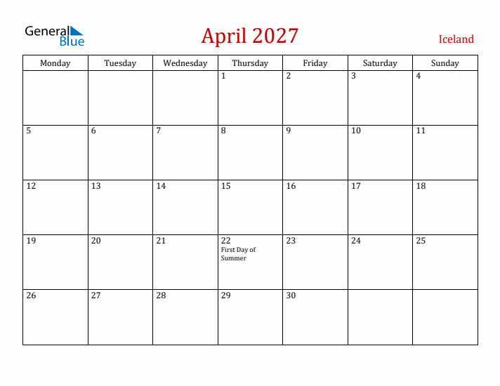 Iceland April 2027 Calendar - Monday Start