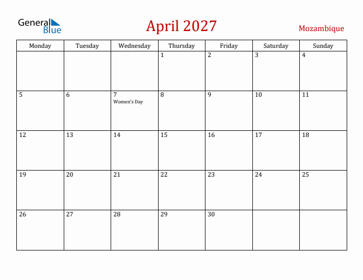 Mozambique April 2027 Calendar - Monday Start