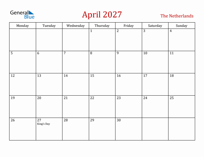 The Netherlands April 2027 Calendar - Monday Start