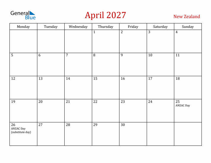 New Zealand April 2027 Calendar - Monday Start