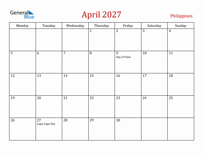 Philippines April 2027 Calendar - Monday Start