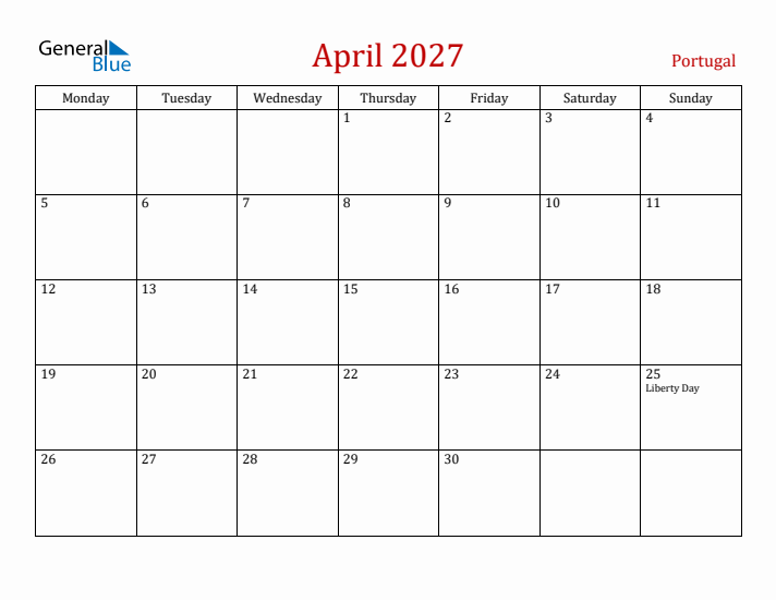 Portugal April 2027 Calendar - Monday Start