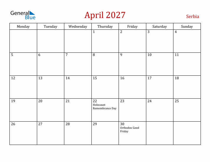Serbia April 2027 Calendar - Monday Start