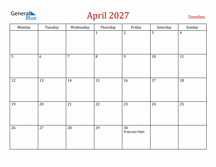 Sweden April 2027 Calendar - Monday Start