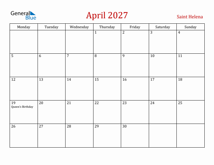 Saint Helena April 2027 Calendar - Monday Start