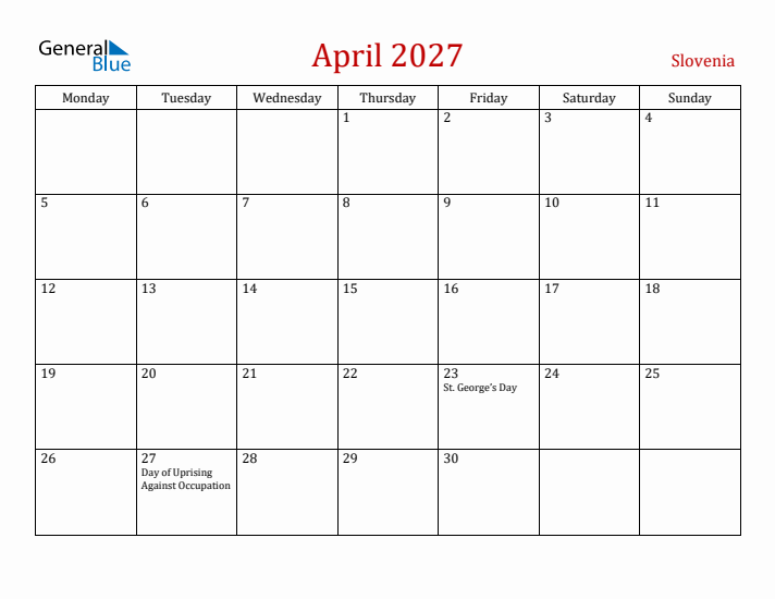 Slovenia April 2027 Calendar - Monday Start