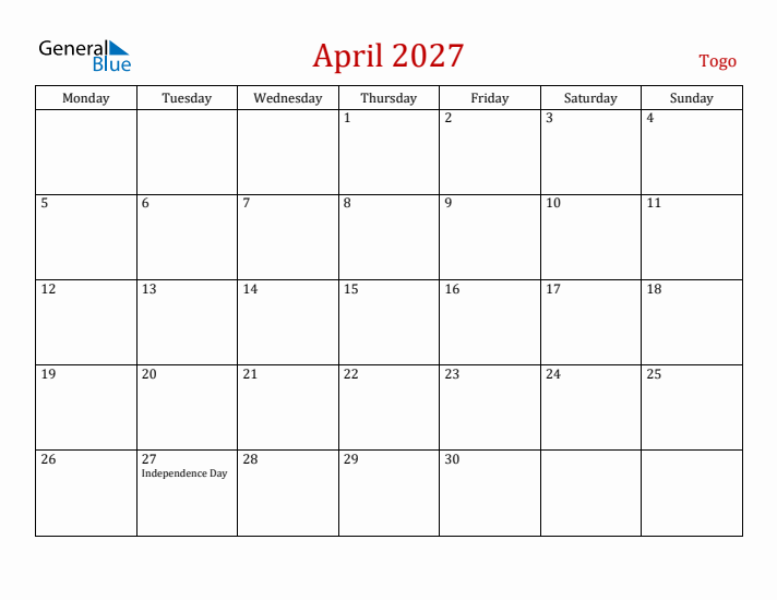 Togo April 2027 Calendar - Monday Start