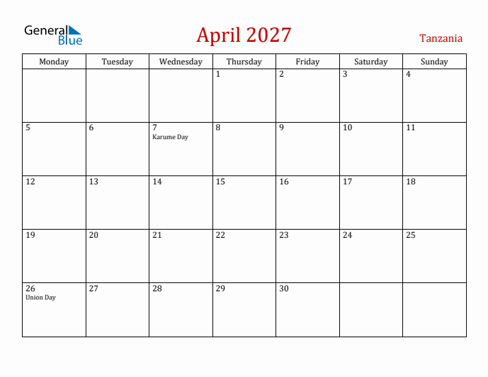 Tanzania April 2027 Calendar - Monday Start