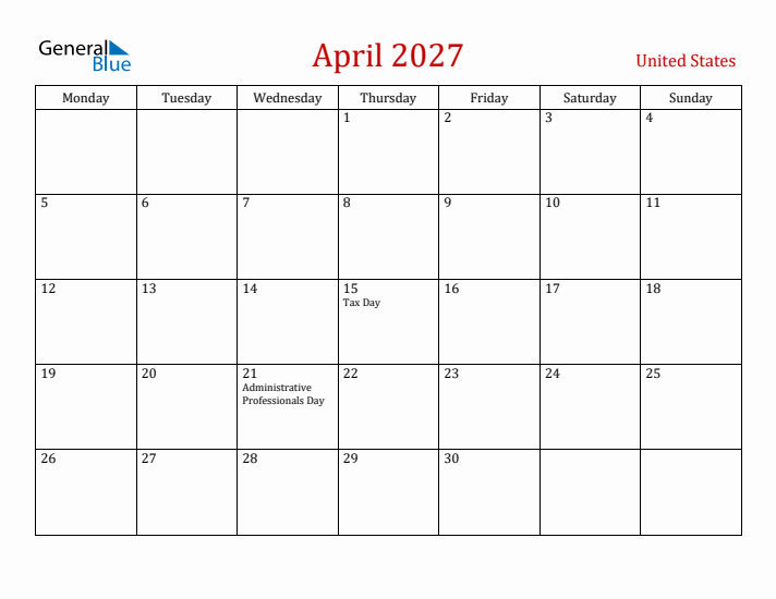 United States April 2027 Calendar - Monday Start