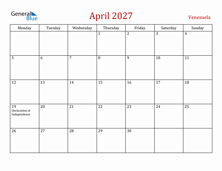 Venezuela April 2027 Calendar - Monday Start