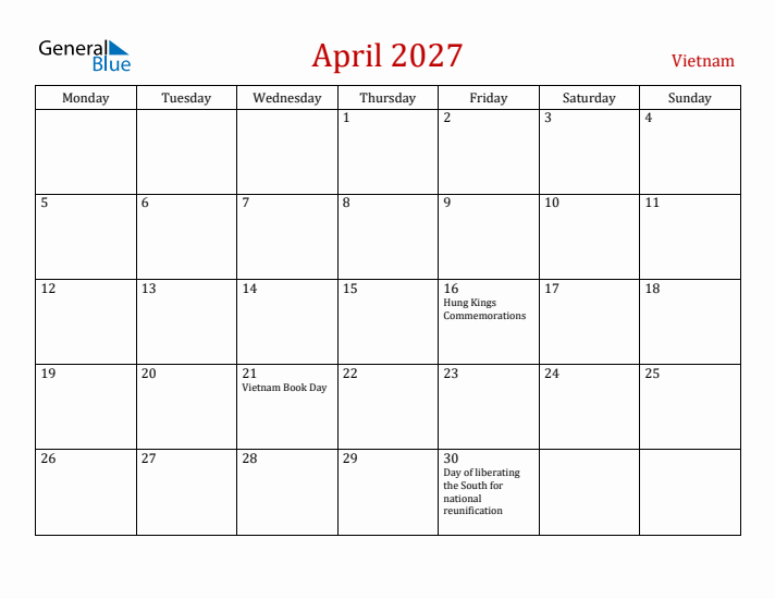 Vietnam April 2027 Calendar - Monday Start