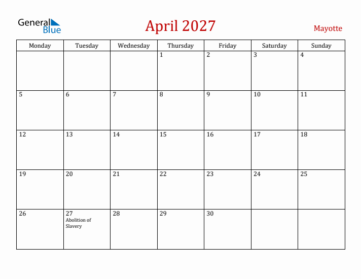 Mayotte April 2027 Calendar - Monday Start