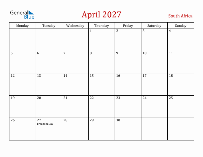 South Africa April 2027 Calendar - Monday Start