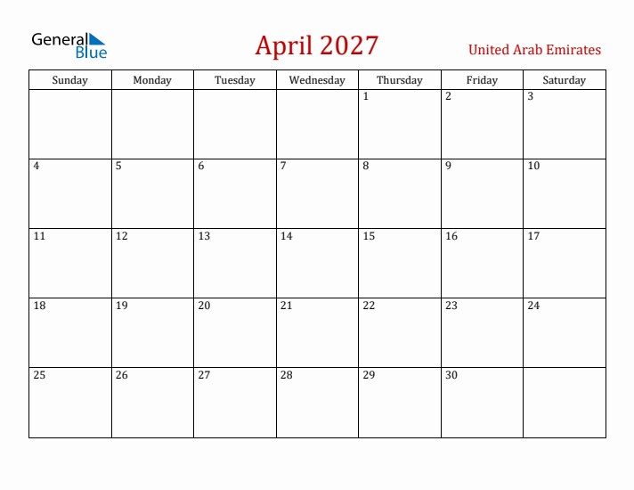 United Arab Emirates April 2027 Calendar - Sunday Start