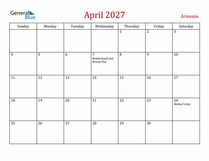 Armenia April 2027 Calendar - Sunday Start