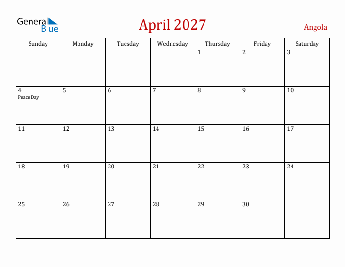 Angola April 2027 Calendar - Sunday Start
