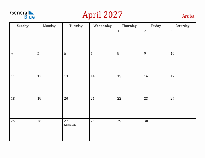 Aruba April 2027 Calendar - Sunday Start