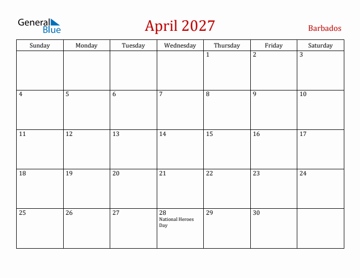 Barbados April 2027 Calendar - Sunday Start