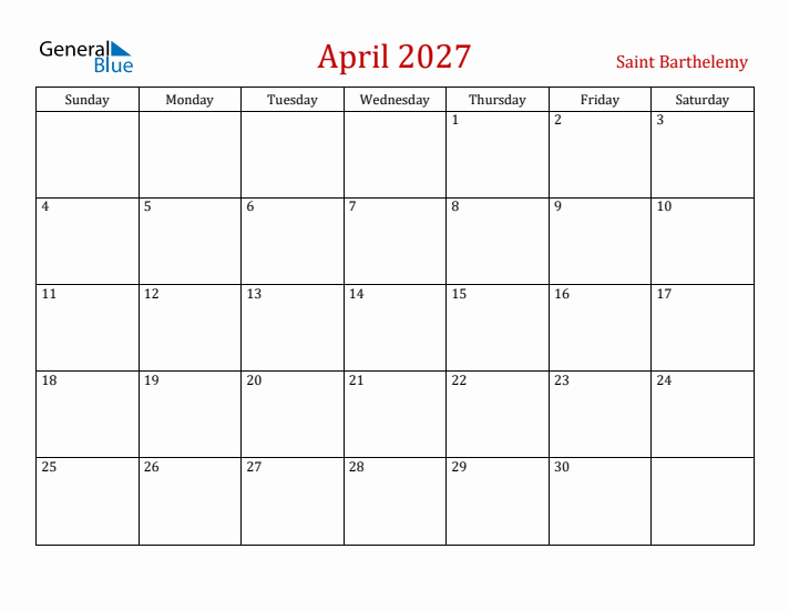 Saint Barthelemy April 2027 Calendar - Sunday Start
