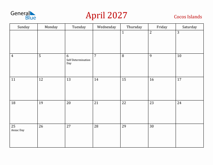Cocos Islands April 2027 Calendar - Sunday Start