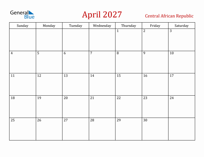 Central African Republic April 2027 Calendar - Sunday Start