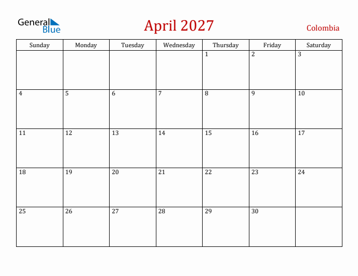 Colombia April 2027 Calendar - Sunday Start