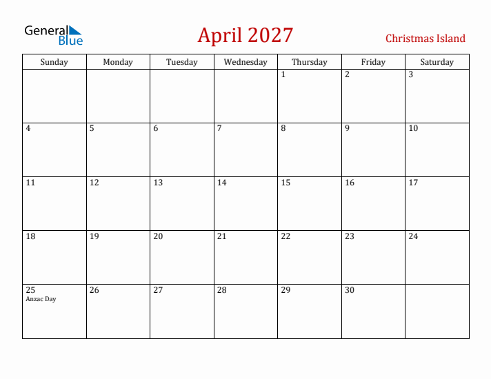 Christmas Island April 2027 Calendar - Sunday Start