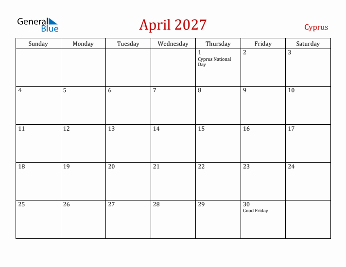 Cyprus April 2027 Calendar - Sunday Start