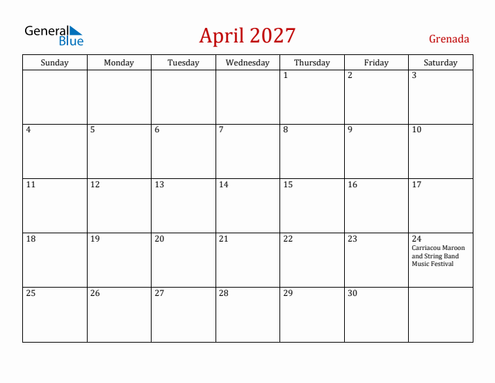 Grenada April 2027 Calendar - Sunday Start