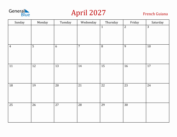 French Guiana April 2027 Calendar - Sunday Start