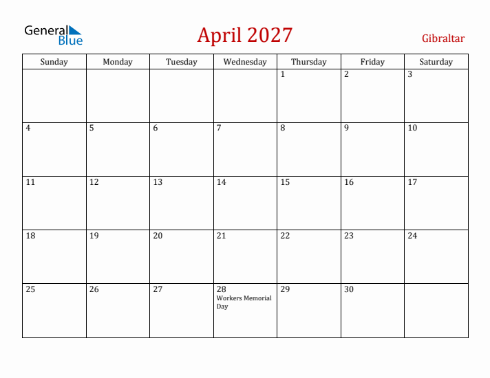 Gibraltar April 2027 Calendar - Sunday Start