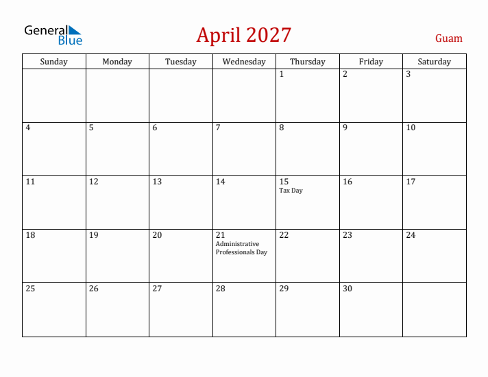 Guam April 2027 Calendar - Sunday Start