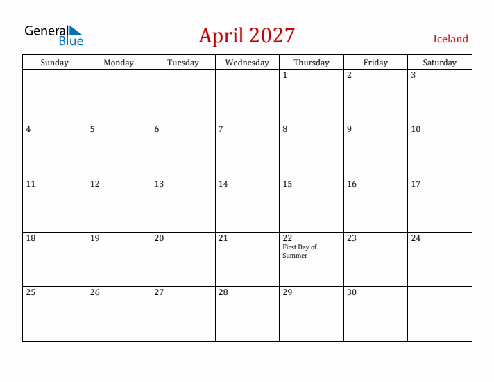 Iceland April 2027 Calendar - Sunday Start