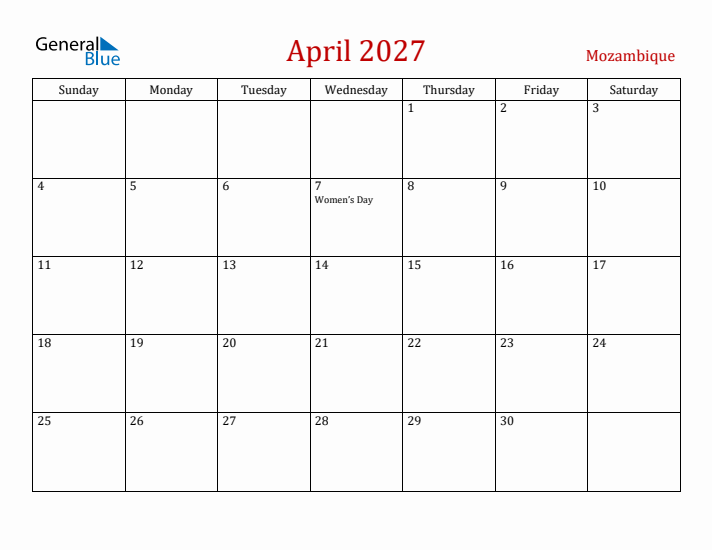 Mozambique April 2027 Calendar - Sunday Start