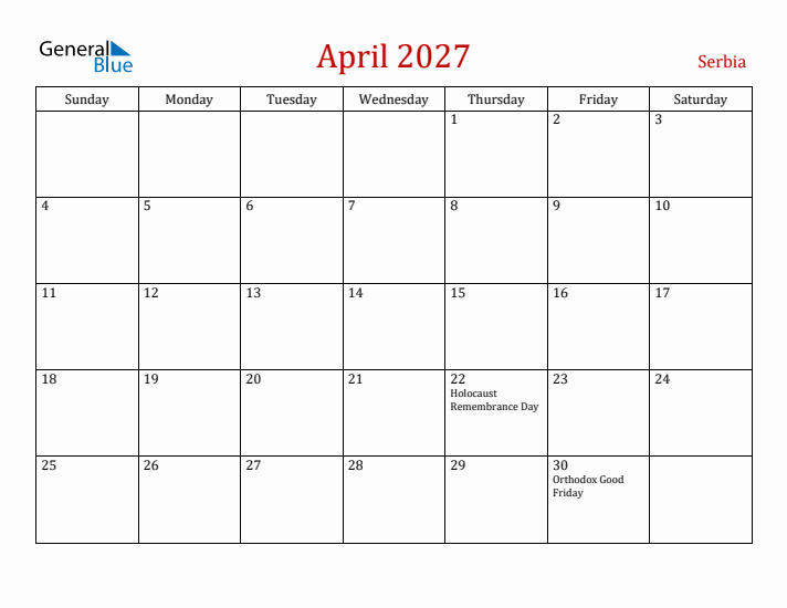Serbia April 2027 Calendar - Sunday Start