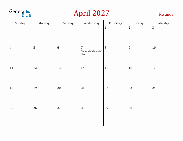 Rwanda April 2027 Calendar - Sunday Start