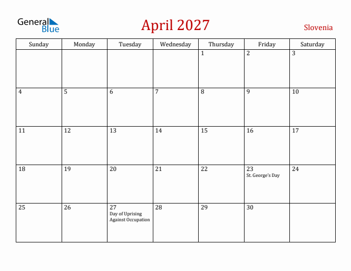 Slovenia April 2027 Calendar - Sunday Start