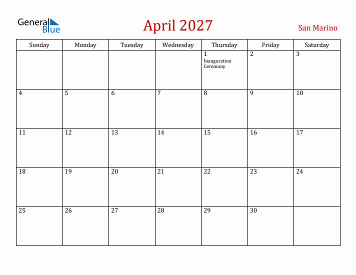 San Marino April 2027 Calendar - Sunday Start
