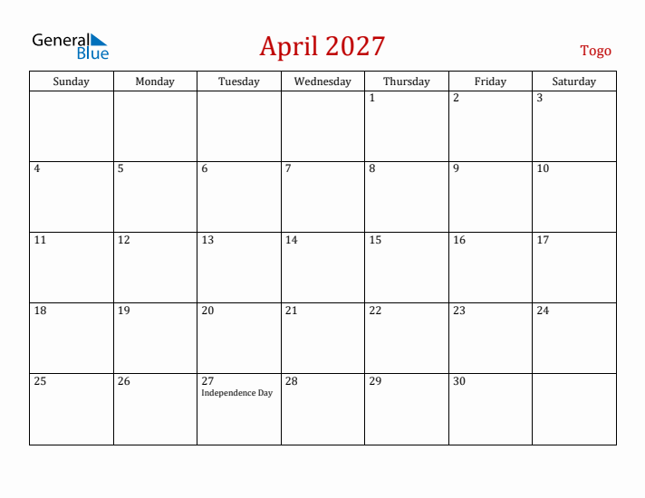 Togo April 2027 Calendar - Sunday Start