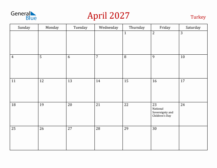 Turkey April 2027 Calendar - Sunday Start