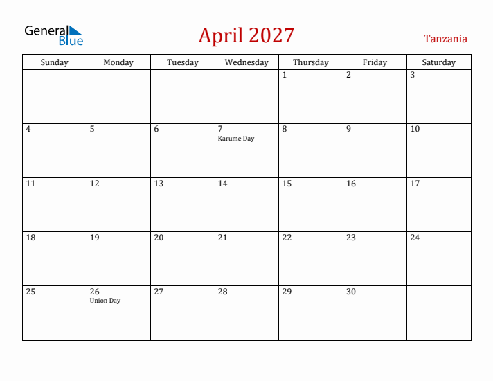 Tanzania April 2027 Calendar - Sunday Start