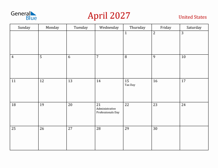 United States April 2027 Calendar - Sunday Start