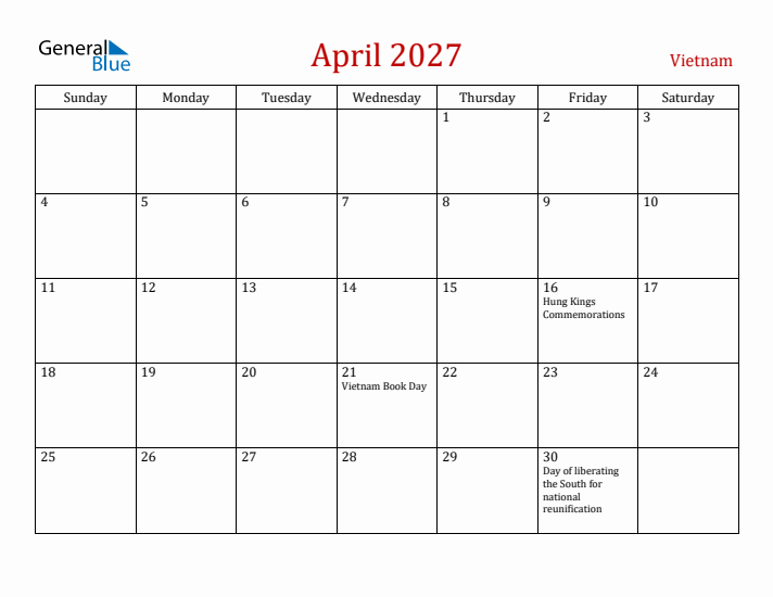Vietnam April 2027 Calendar - Sunday Start