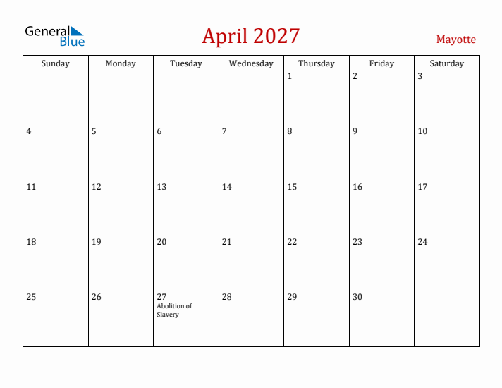 Mayotte April 2027 Calendar - Sunday Start