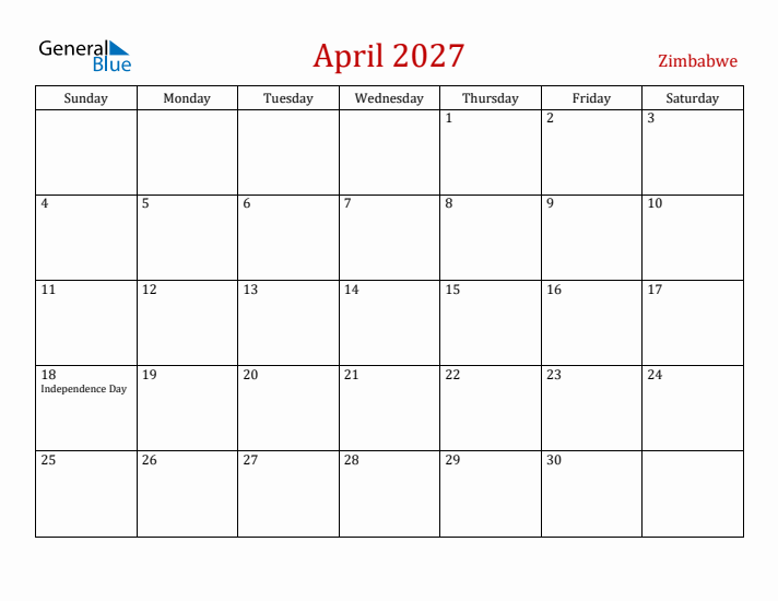 Zimbabwe April 2027 Calendar - Sunday Start