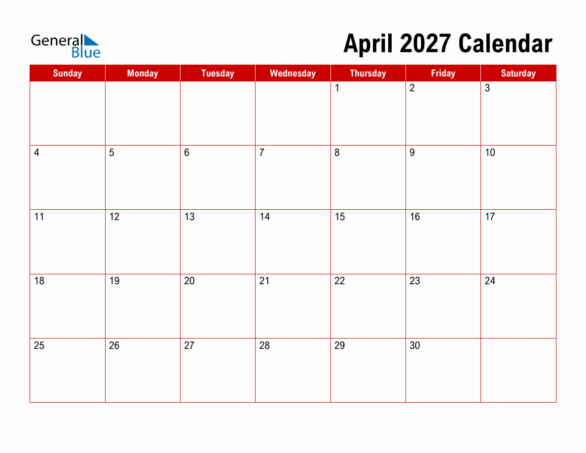Basic Monthly Calendar - April 2027