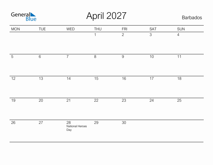 Printable April 2027 Calendar for Barbados