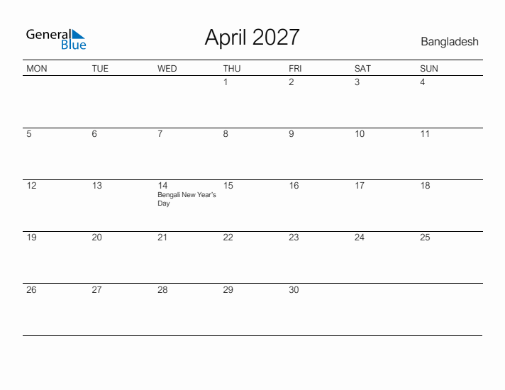Printable April 2027 Calendar for Bangladesh