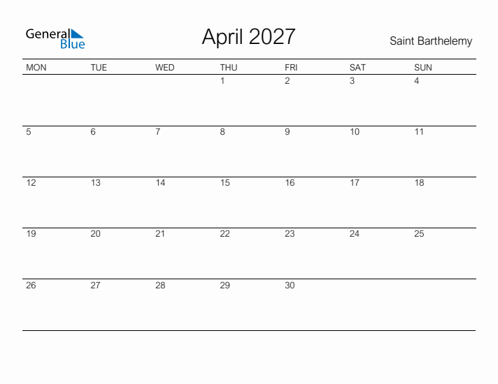 Printable April 2027 Calendar for Saint Barthelemy