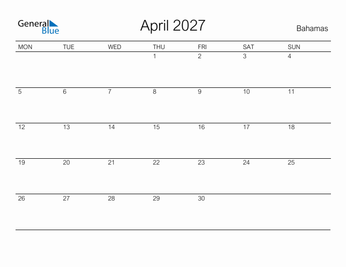 Printable April 2027 Calendar for Bahamas